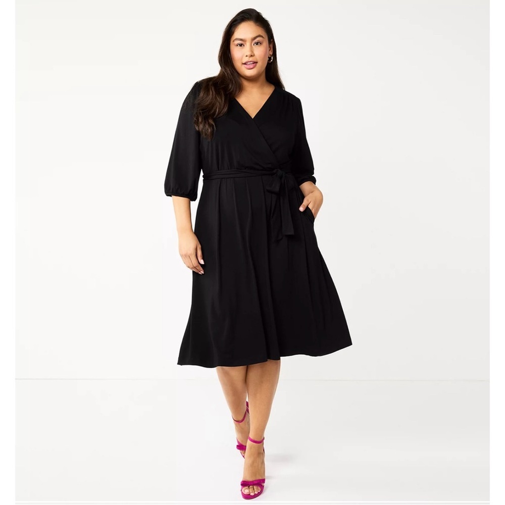 Draper James RSVP Plus Size Womens Midi Knit Wrap‎ Dress Black Belted 3XL NWT